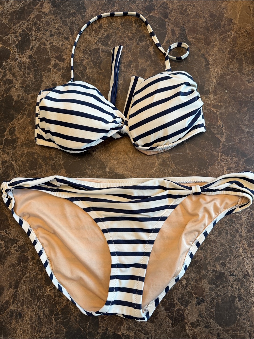J. Crew Navy & Cream Striped Bandeau Bikini Top Medium, Bottom Large Swim Summer